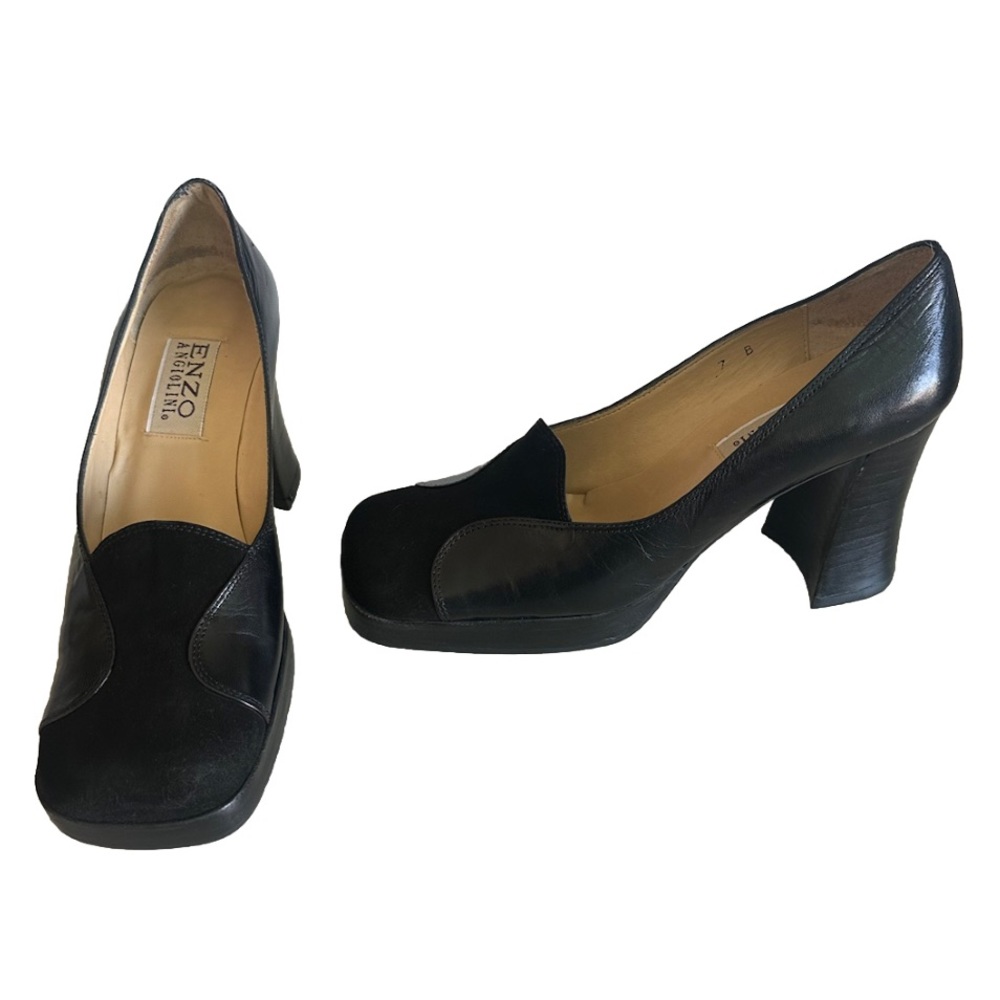 Y2K 90s Enzo Angiolini square toe suede leather black Platform Slip On 7 Retro - Picture 10 of 13